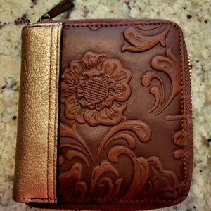 Catchfly Studio Rose Gold & Brown Tooled Leather Western Rodeo Wallet